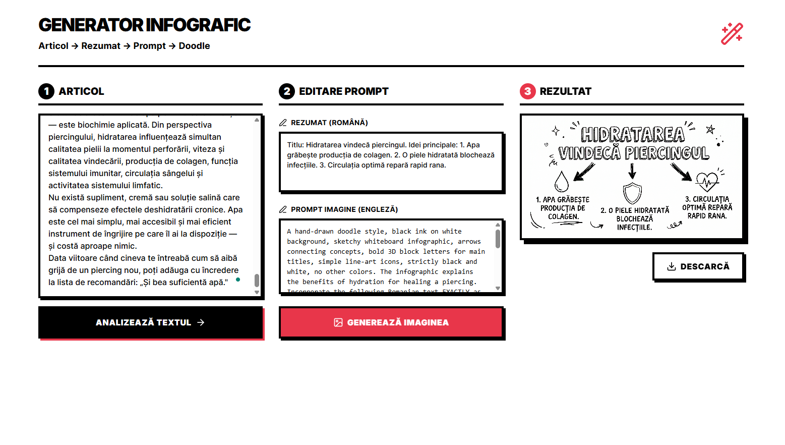 Generator Infografic — transformă articole în infografice doodle cu AI